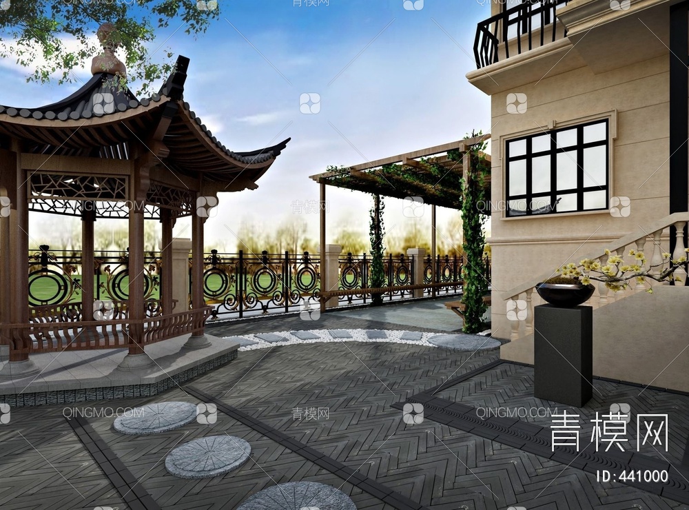 别墅外观花园3D模型下载【ID:441000】