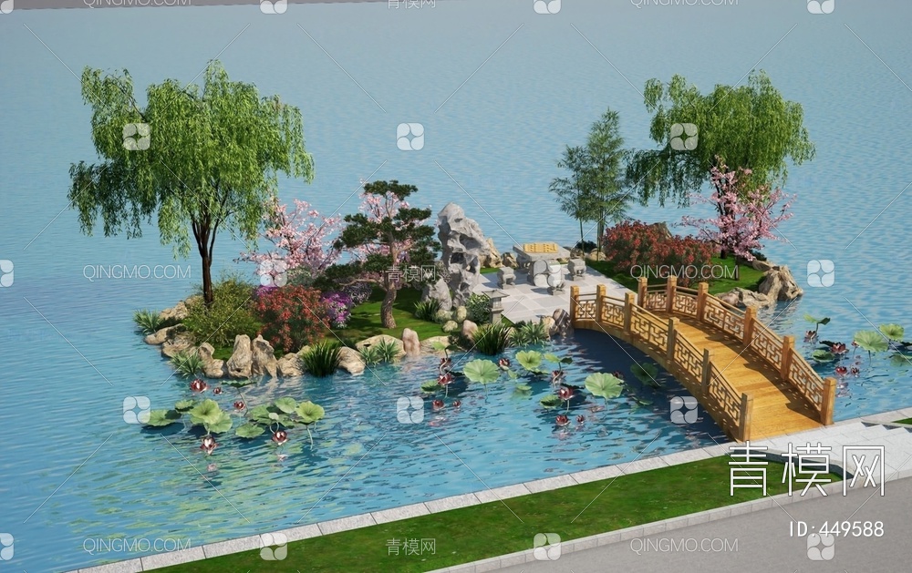 木拱桥水景3D模型下载【ID:449588】