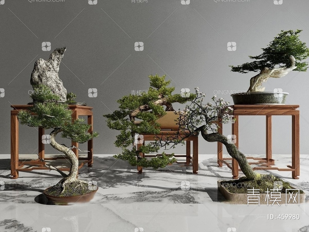 实木角几罗汉松绿植盆栽3D模型下载【ID:459980】