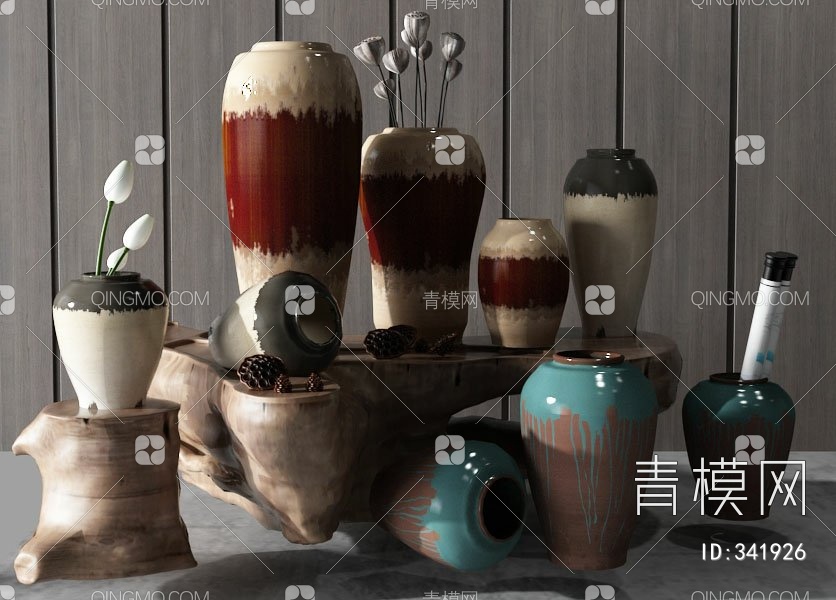 陶罐摆件茶台组合3D模型下载【ID:341926】