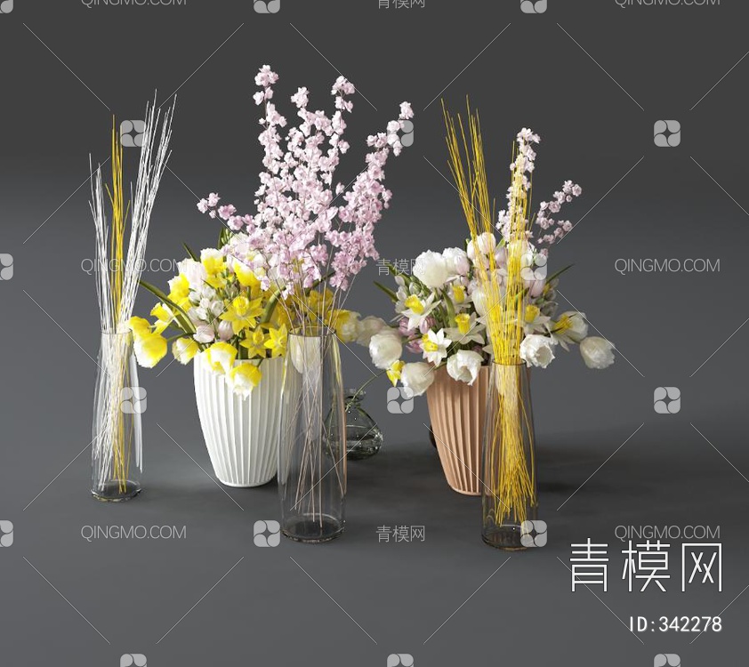 玻璃花瓶花卉组合3D模型下载【ID:342278】
