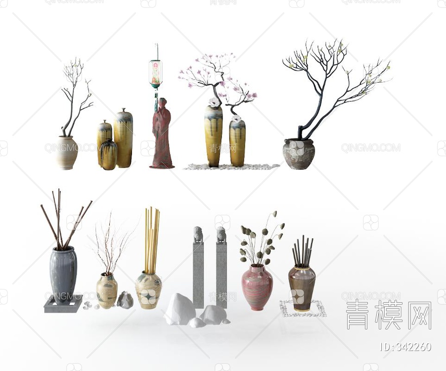瓷器花瓶花卉雕塑组合3D模型下载【ID:342260】