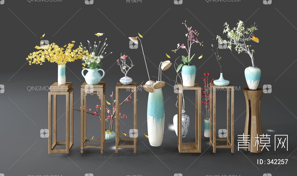 花架瓷器花瓶花卉组合3D模型下载【ID:342257】