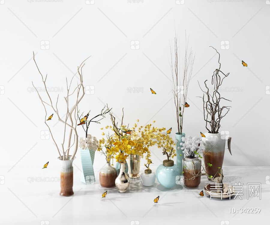 陶瓷花瓶花卉组合3D模型下载【ID:342259】