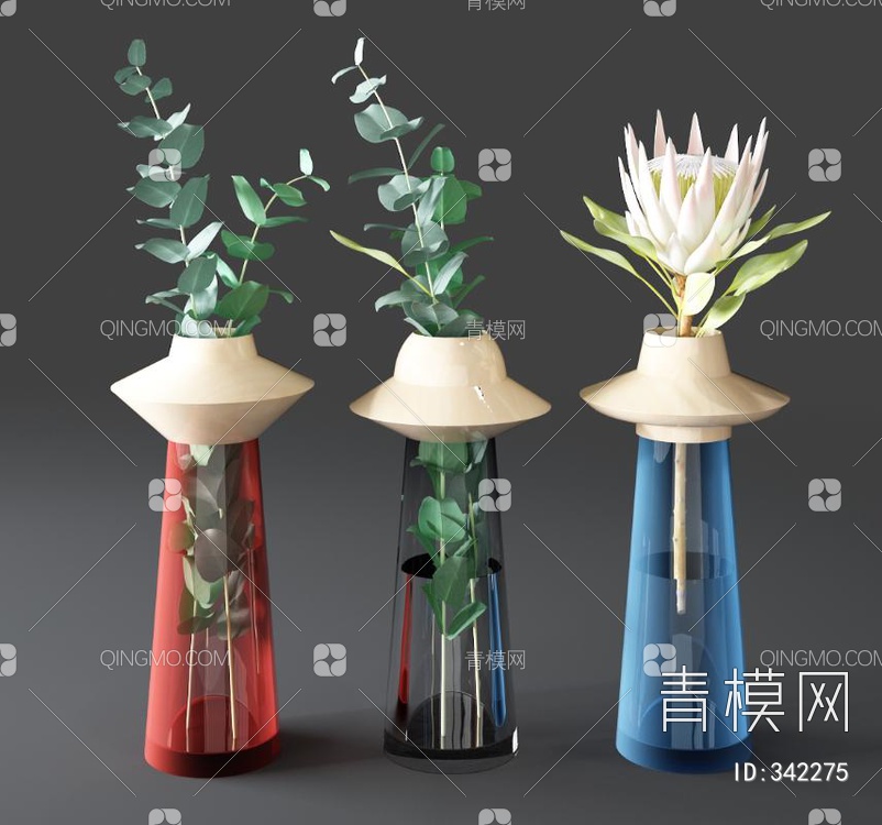 玻璃花瓶花卉组合3D模型下载【ID:342275】