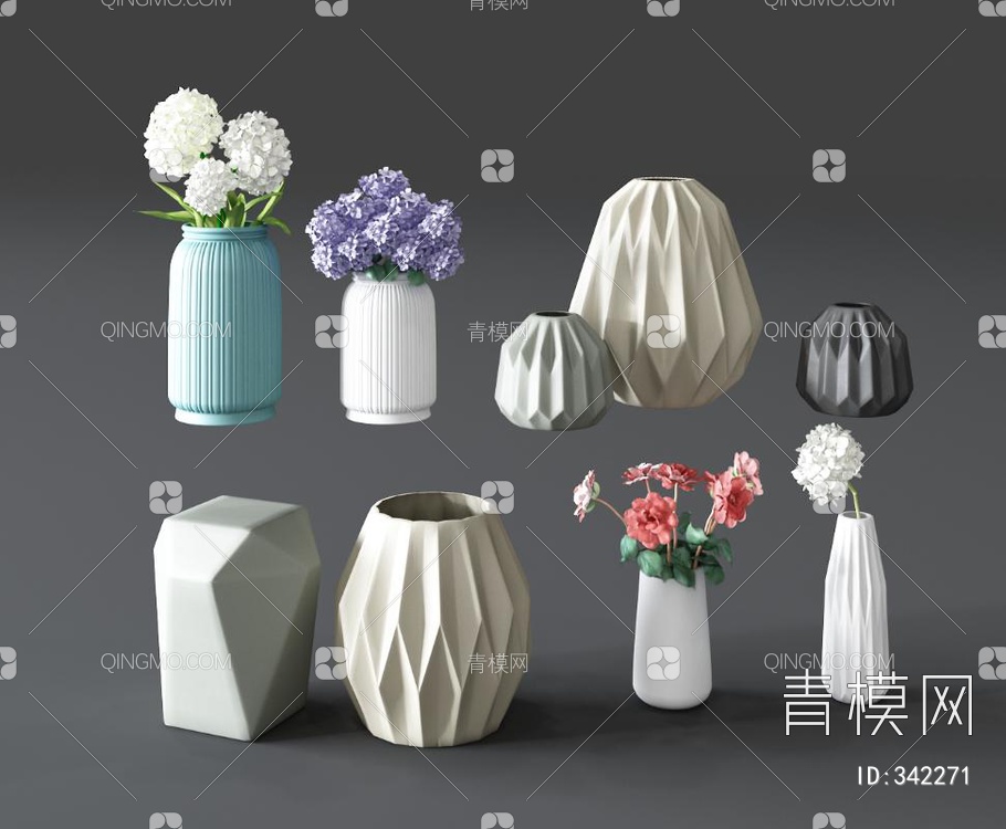 陶瓷花瓶花卉组合3D模型下载【ID:342271】
