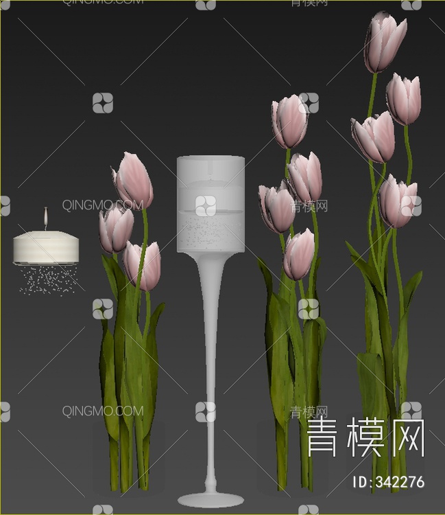 玻璃花瓶郁金香花卉组合3D模型下载【ID:342276】