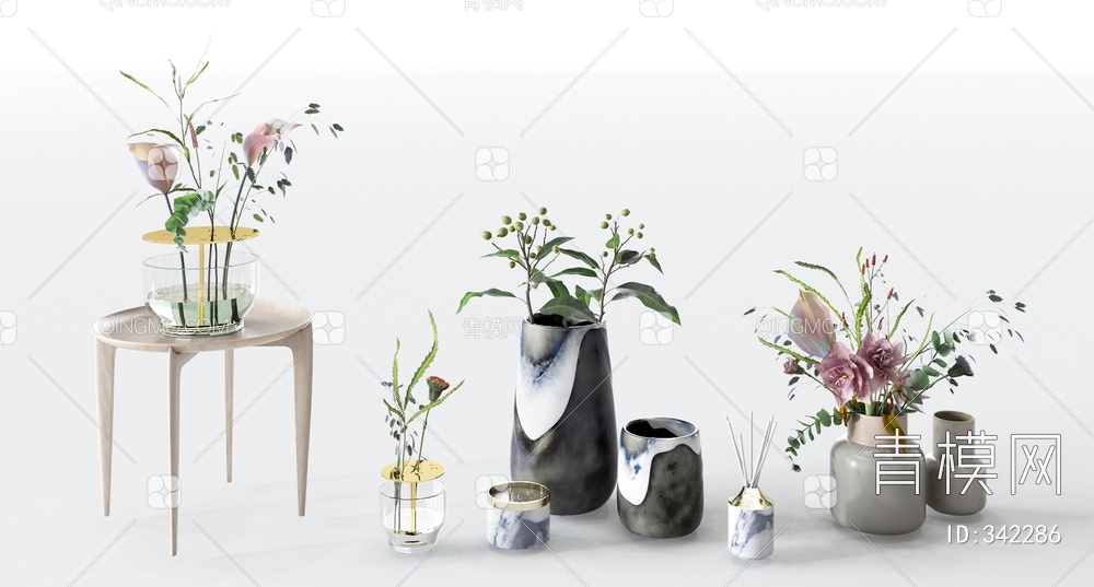 陶瓷玻璃花瓶花卉3D模型下载【ID:342286】