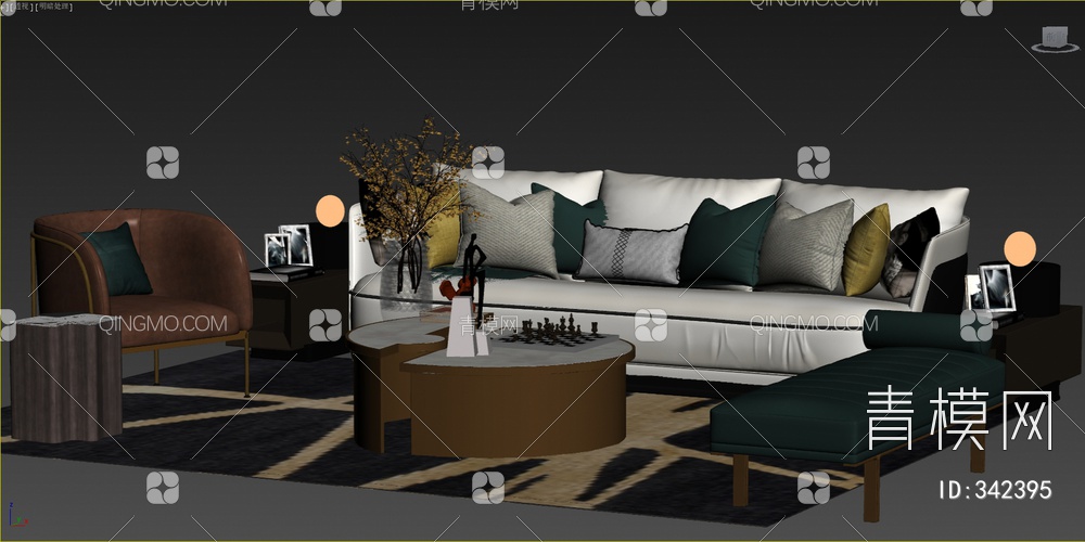 沙发茶几贵妃榻组合3D模型下载【ID:342395】