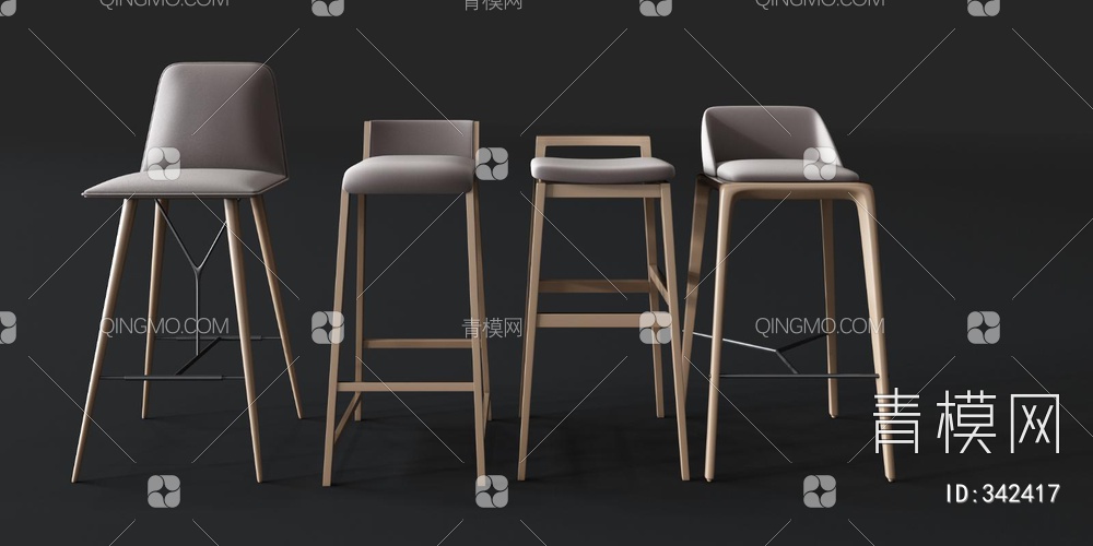木质皮艺吧椅组合3D模型下载【ID:342417】