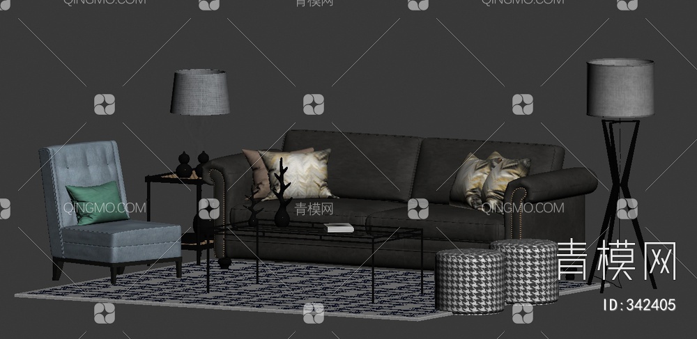 沙发单椅茶几组合3D模型下载【ID:342405】