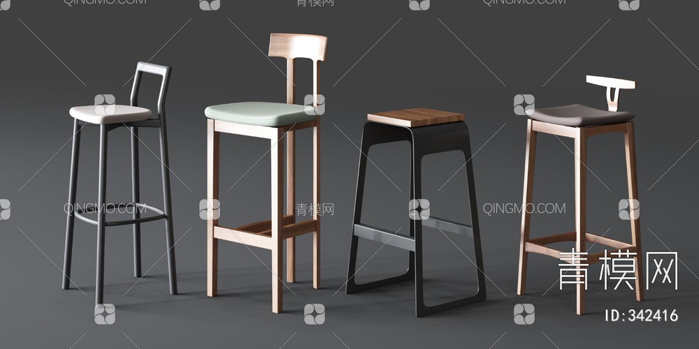木质铁艺吧椅组合3D模型下载【ID:342416】