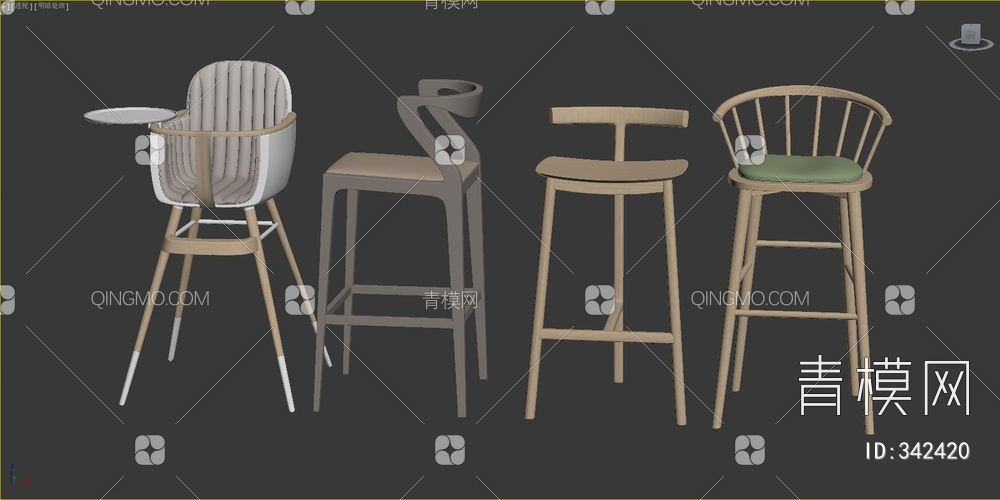 木质吧椅婴儿椅组合3D模型下载【ID:342420】