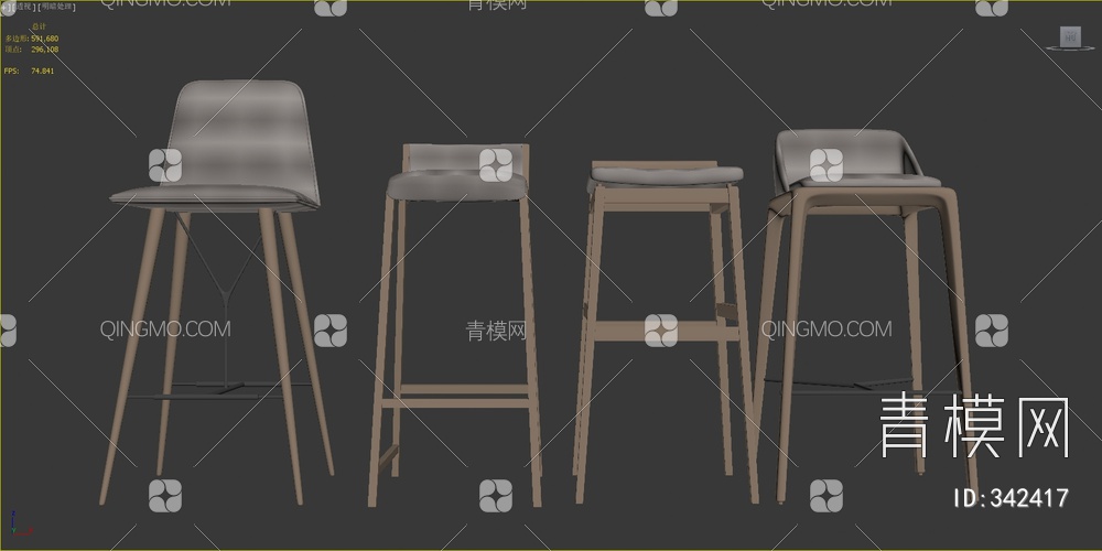 木质皮艺吧椅组合3D模型下载【ID:342417】