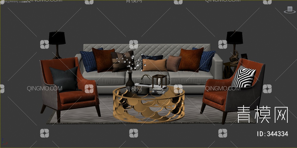 沙发茶几单椅组合3D模型下载【ID:344334】