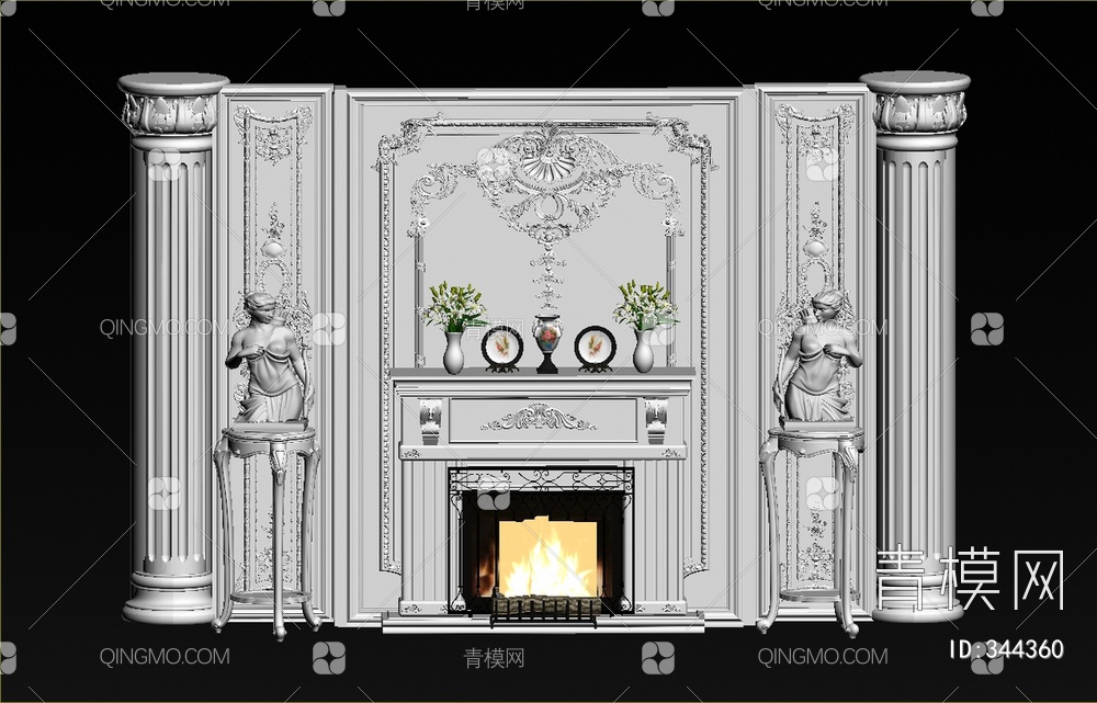 雕花柱子壁炉组合3D模型下载【ID:344360】
