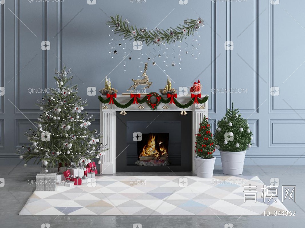 圣诞装饰品树礼物壁炉组合3D模型下载【ID:344362】