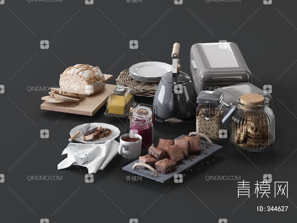 餐桌餐具食品组合3D模型下载【ID:344627】