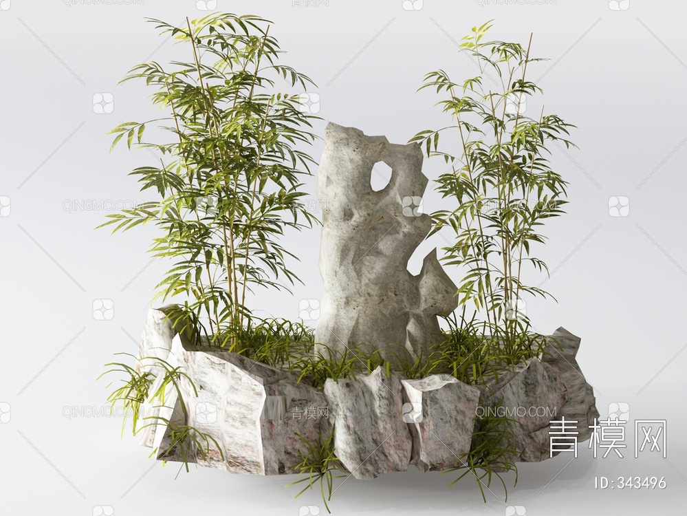 竹子石头组合3D模型下载【ID:343496】
