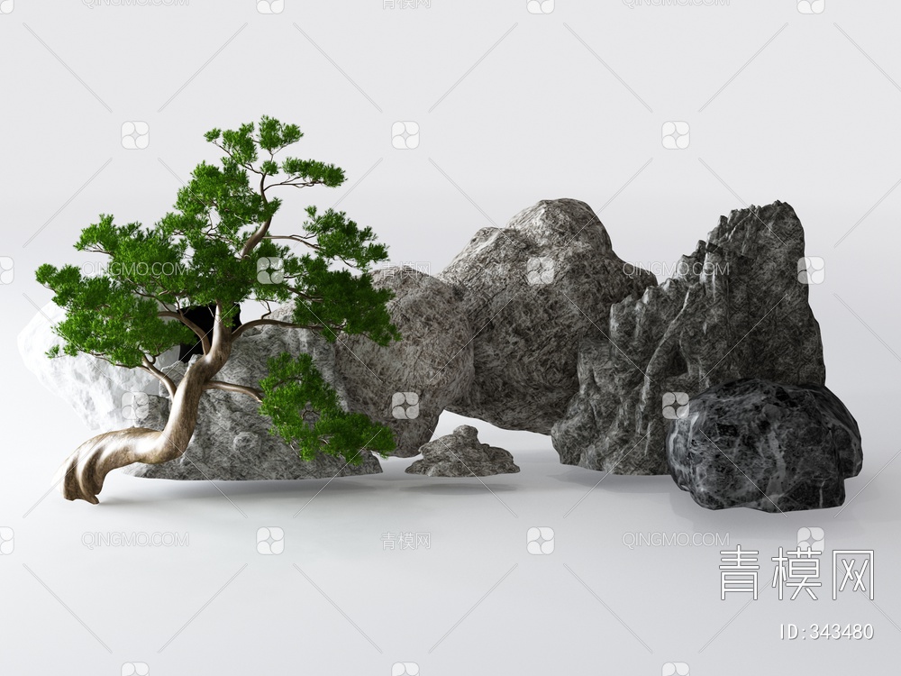 假山松树景观3D模型下载【ID:343480】