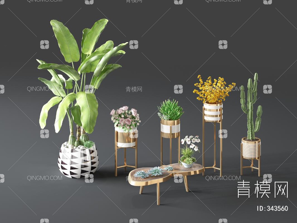 植物盆栽组合3D模型下载【ID:343560】