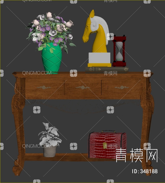 边柜 装饰柜 花瓶花卉 马头雕塑 沙漏 3D模型下载【ID:348188】