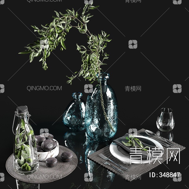 琉璃花瓶花卉餐具组合3D模型下载【ID:348847】