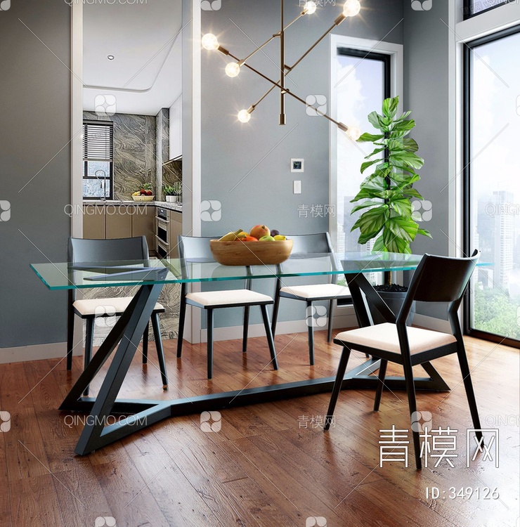 玻璃餐桌椅组合3D模型下载【ID:349126】