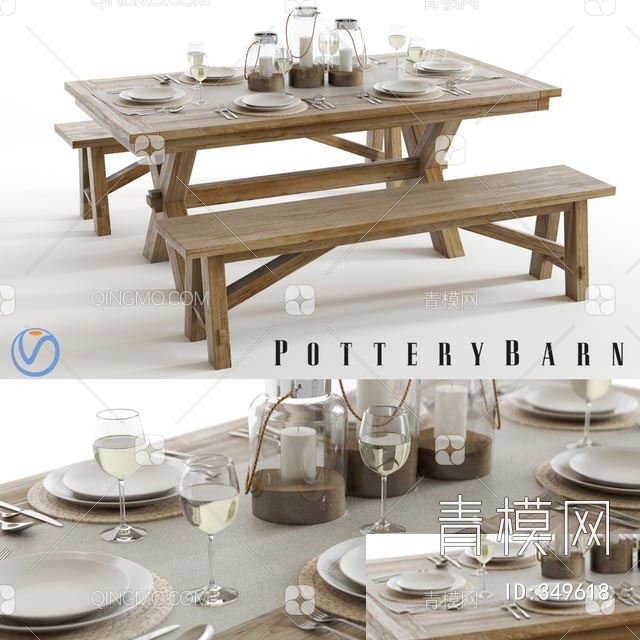 实木桌椅餐具组合3D模型下载【ID:349618】