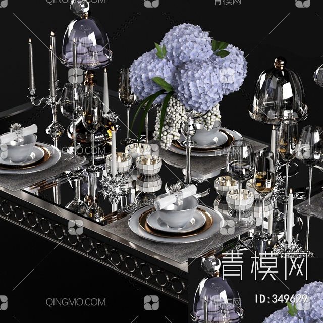 餐具饰品花卉组合3D模型下载【ID:349629】