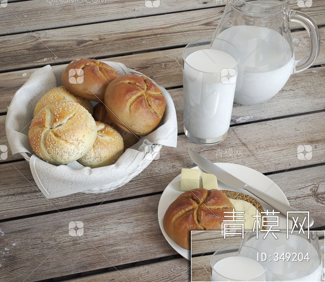 面包牛奶3D模型下载【ID:349204】