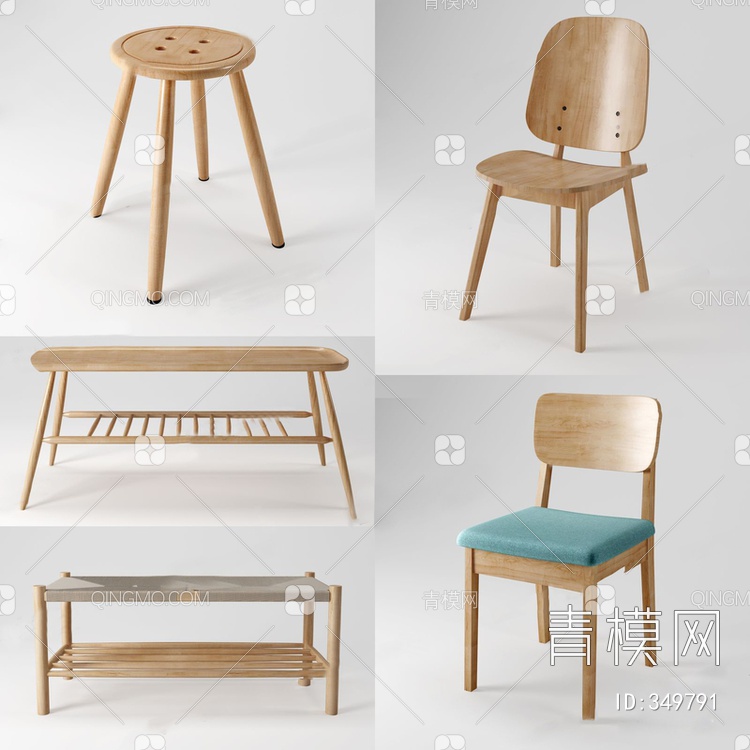 原木椅子组合3D模型下载【ID:349791】