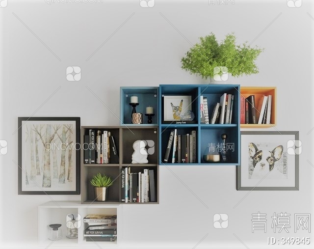 壁柜挂画植物盆栽书籍组合3D模型下载【ID:349845】