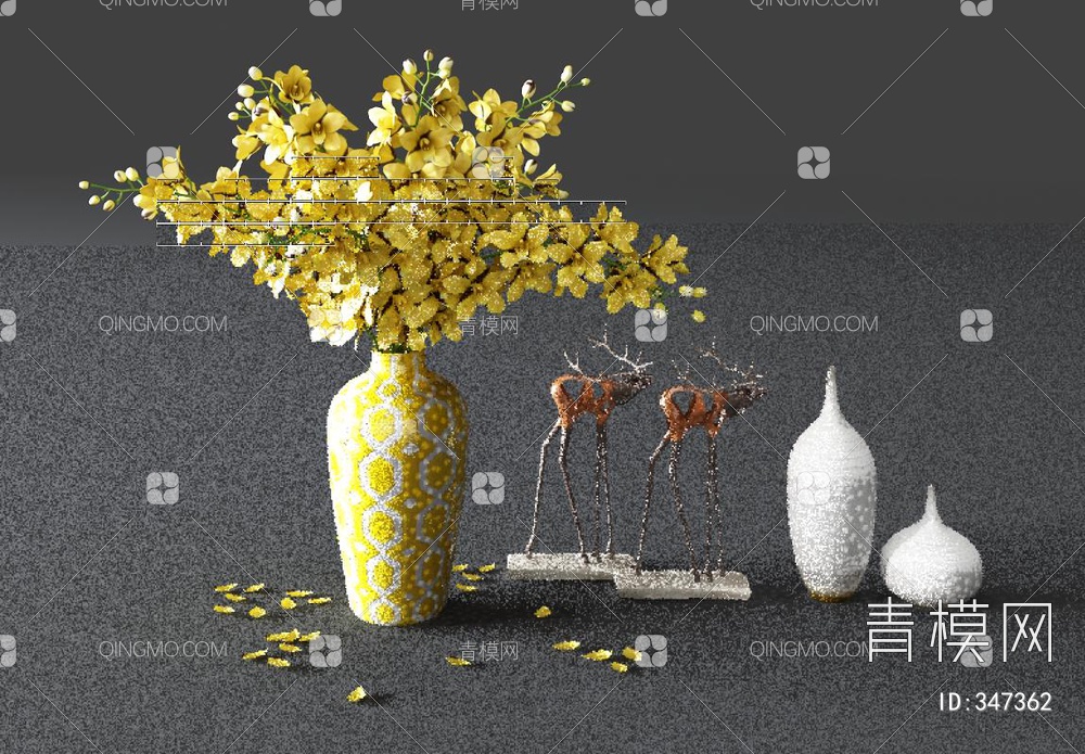陶瓷花瓶花卉3D模型下载【ID:347362】