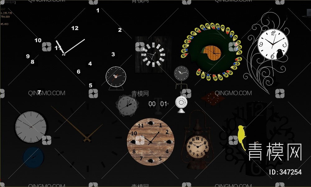 墙饰钟表挂件组合3D模型下载【ID:347254】