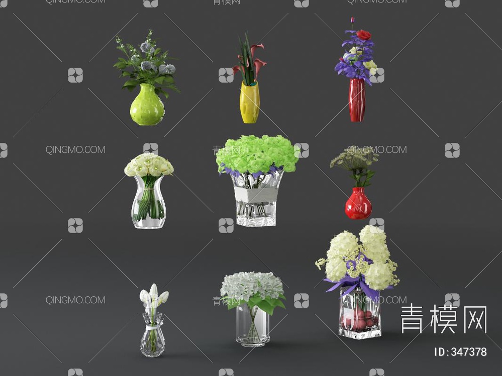 花瓶花卉组合3D模型下载【ID:347378】
