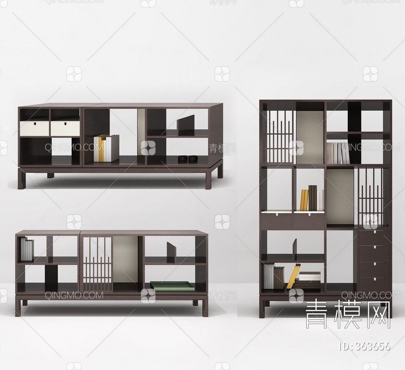 矮柜书柜组合3D模型下载【ID:363656】
