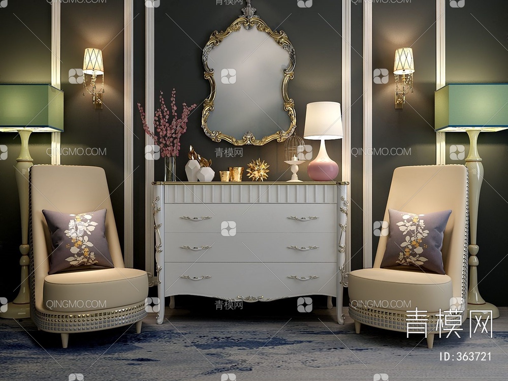 优雅白色柜子沙发镜子灯具组合3D模型下载【ID:363721】