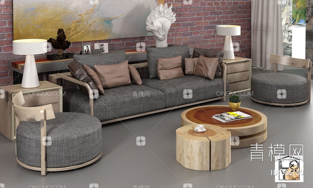 实木创意家具沙发茶几组合3D模型下载【ID:366150】