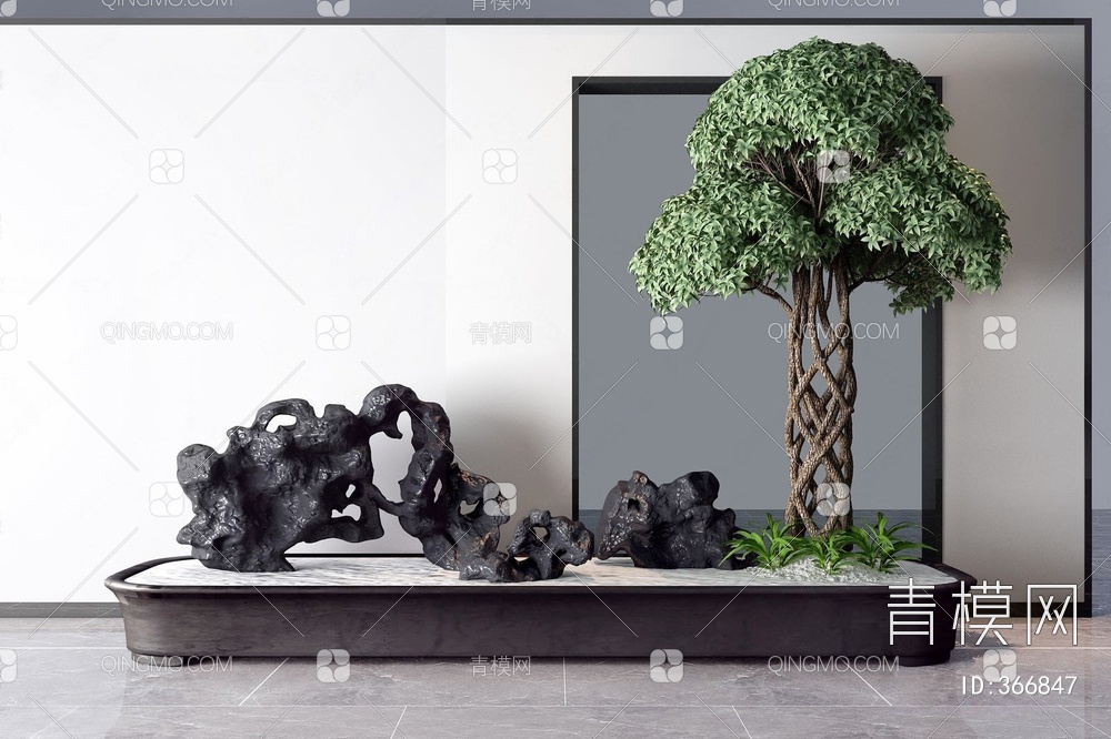 松树太湖石组合盆景3D模型下载【ID:366847】
