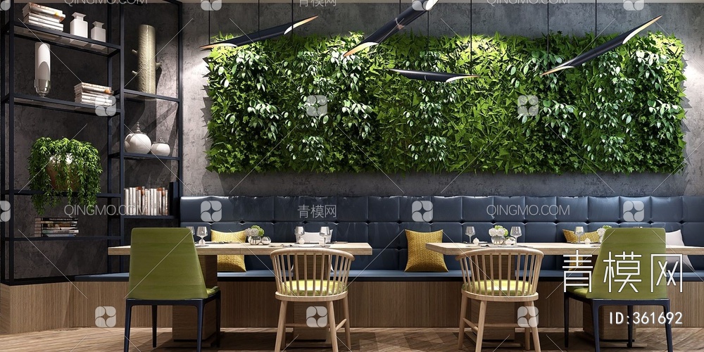 餐厅桌椅组合植物墙3D模型下载【ID:361692】