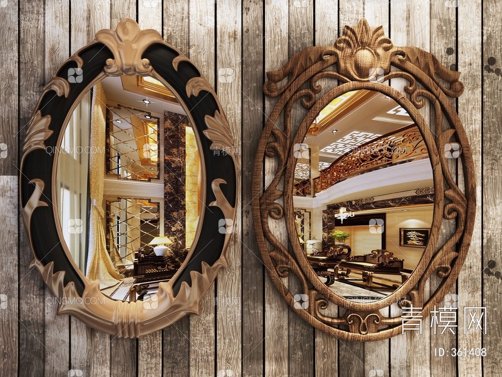 镜子仿古镜实木雕花镜3D模型下载【ID:361408】