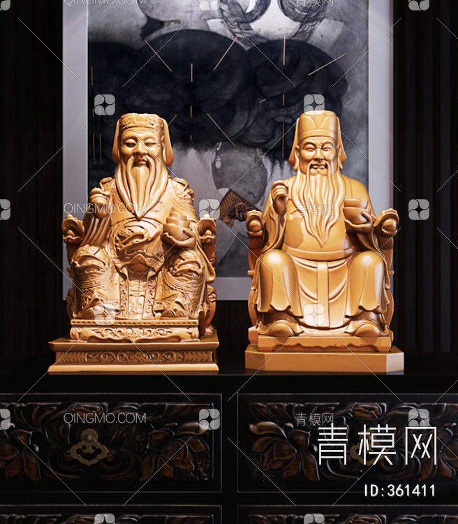 老财神坐像雕像装饰摆件组合3D模型下载【ID:361411】
