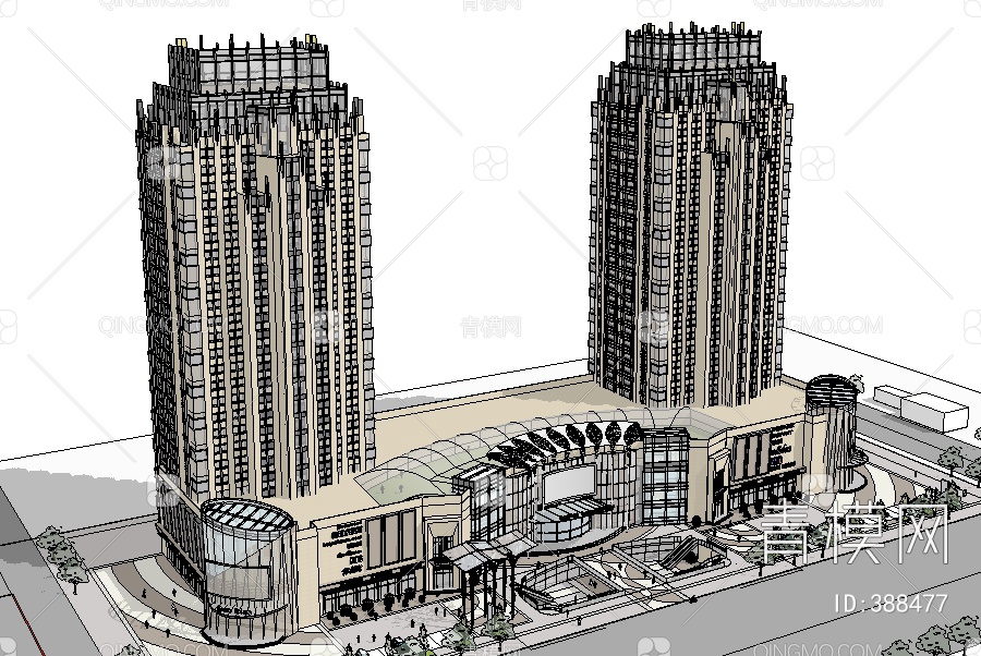 商业综合双栋高层SU模型下载【ID:388477】