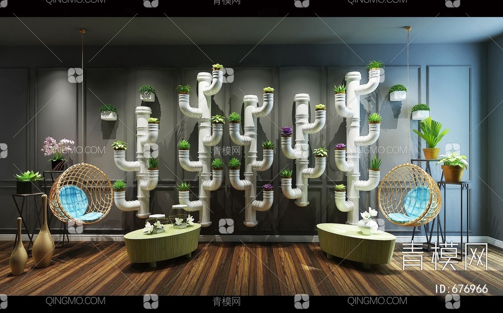 水管造型植物装饰架吊沙发花艺茶几陈设组合3D模型下载【ID:676966】