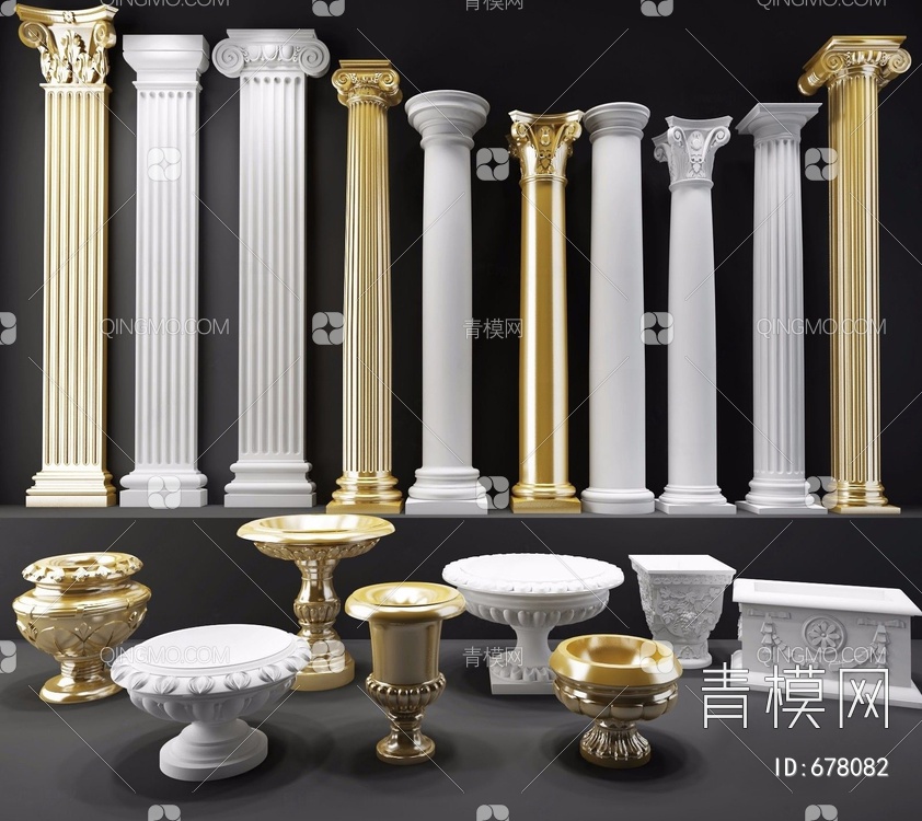 罗马柱雕花盆组合3D模型下载【ID:678082】