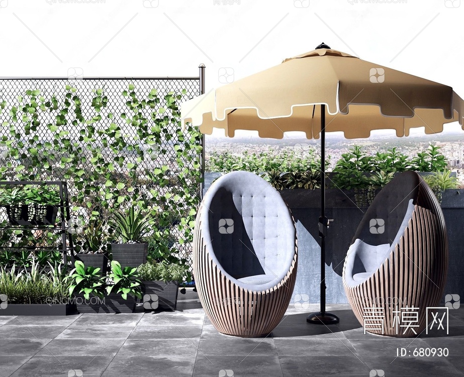 户外藤椅遮阳伞藤曼植物组合3D模型下载【ID:680930】