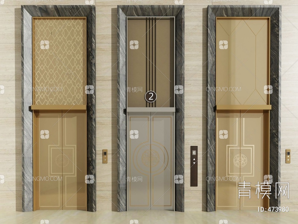 大堂金属电梯门组合3D模型下载【ID:473980】