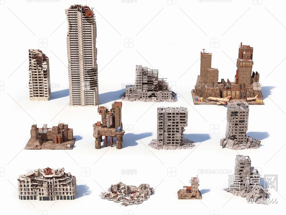 城市建筑废墟破旧楼房3D模型下载【ID:480666】