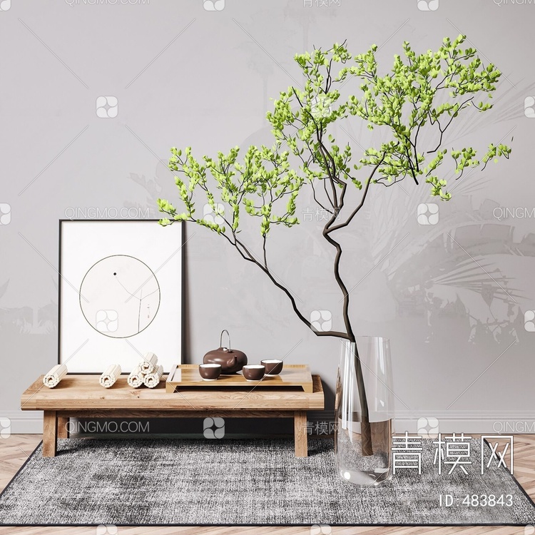 茶桌植物盆栽组合3D模型下载【ID:483843】